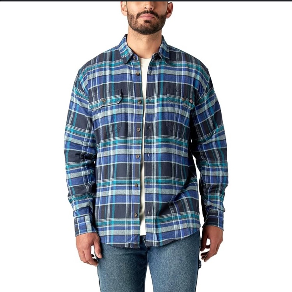 Dickies‎ Mens Blue Plaid Long Sleeve Flex Flannel Relaxed Fit Shirt SZ MED NWOT